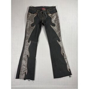 Serious Clothing Flare Jeans Womens XS Black Silver Flame Lace Up Rare Y2K